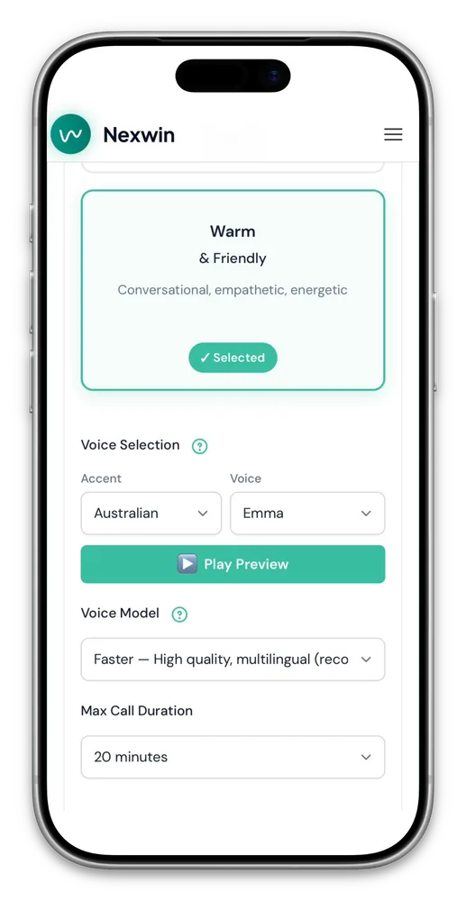 Nexwin voice selection screen showing personality styles, Australian accent dropdown and Emma voice with Play Preview button